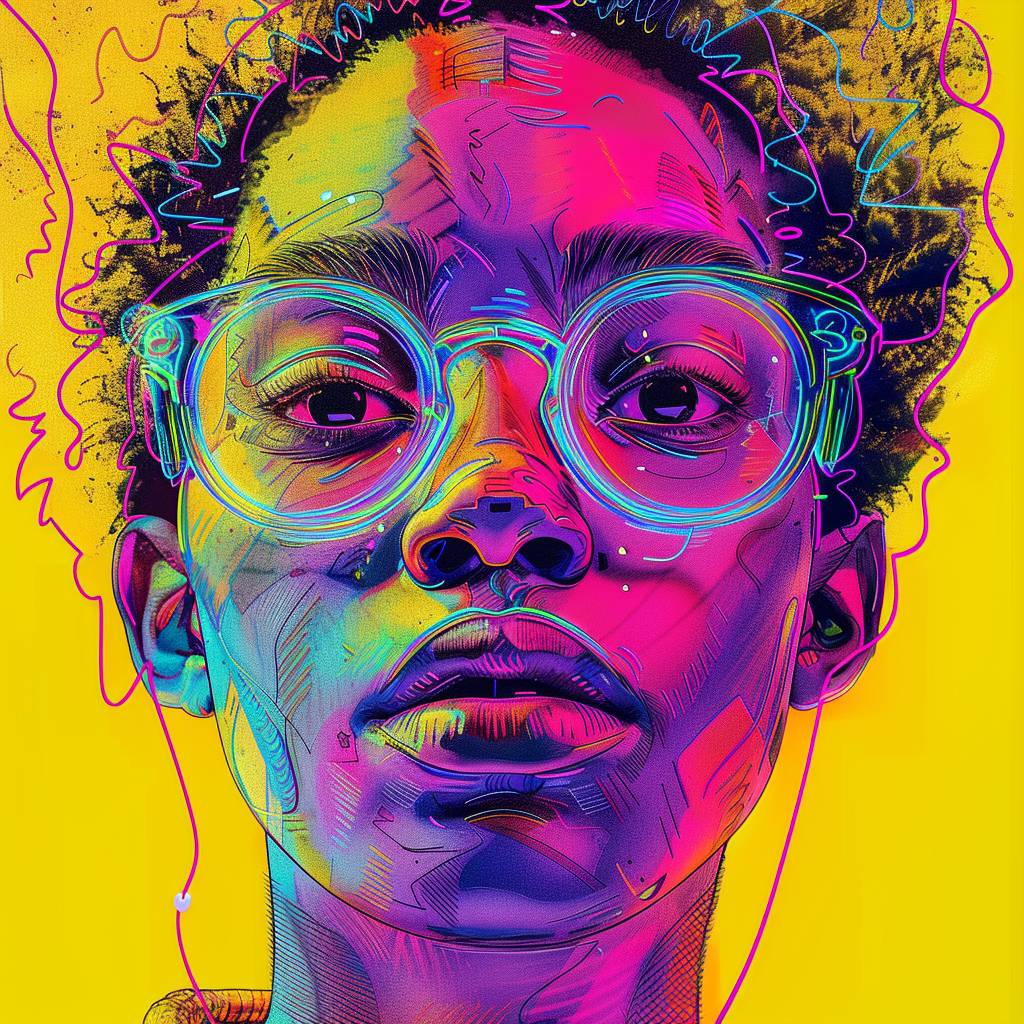 A portrait of a [SUBJECT] in the style of pastel neon colors. The portrait has colorful Moebius strips, comic art style details. The portrait features detailed facial features drawn in a pastels and pencils style with a flat background. The portrait is a 2D illustration with bold lines and a vibrant color palette. It is a high resolution, closeup shot with high contrast and soft lighting and shadows.