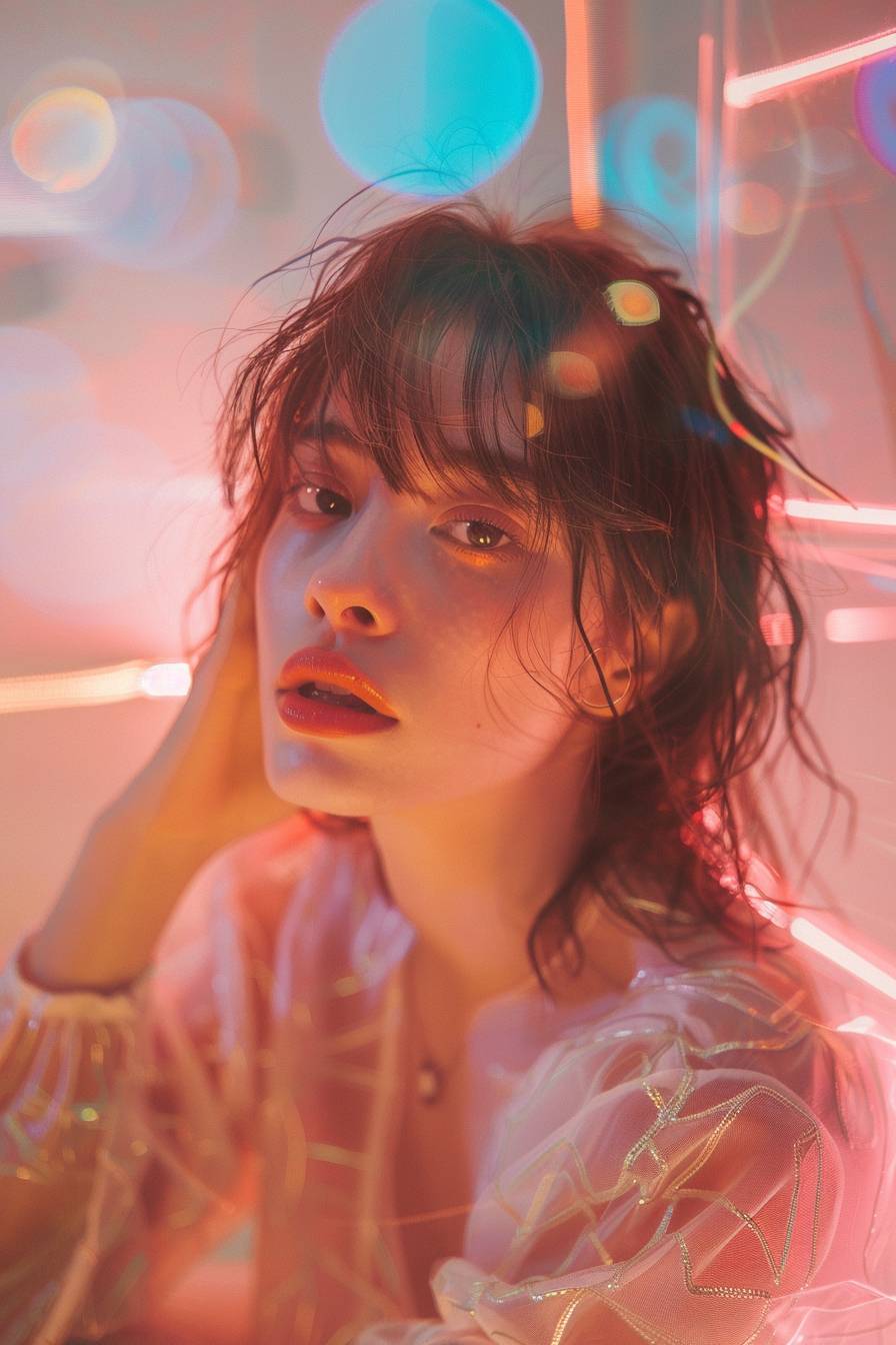 A dreamy portrait Photography of a [genre] [description], [attire], [background], [lighting] , pastel colors, taken with 35mm lens ar 2:3, aperture f 6.0