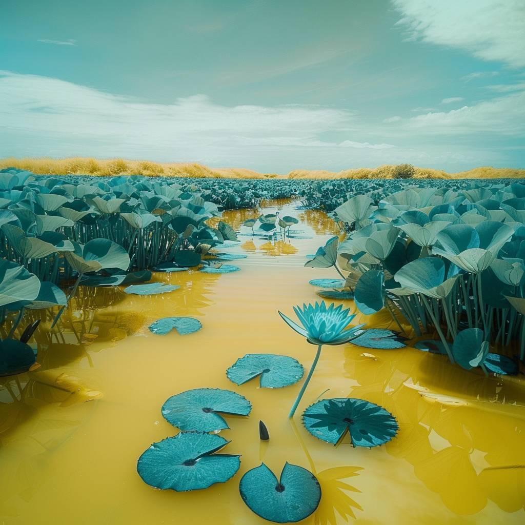 Water with blue-green water lilies floating on the surface, in the style of an infrared photo, contrast between dark green and yellow, minimalistic, sharp