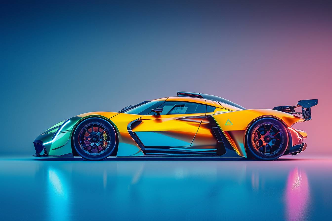 Futuristic luxury sports car, paint color on car a gradient that shifts from bright yellow to pale blue, automotive studio shoot, medium format film photograph