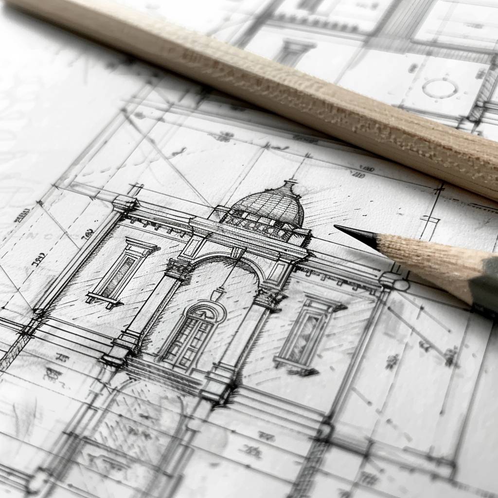 A pencil drawing an architectural plan.