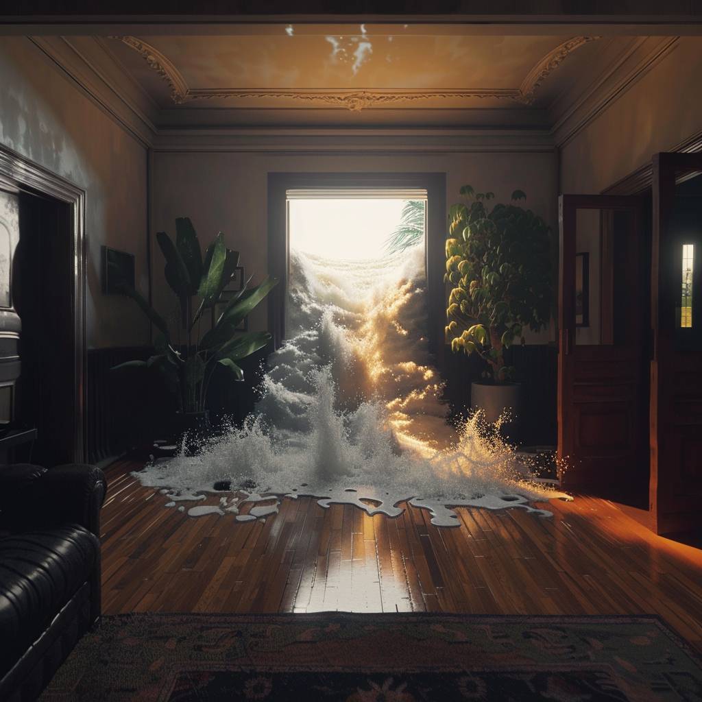 A first-person POV shot rapidly flies through open doors to reveal a surreal waterfall cascading in the middle of the living room.