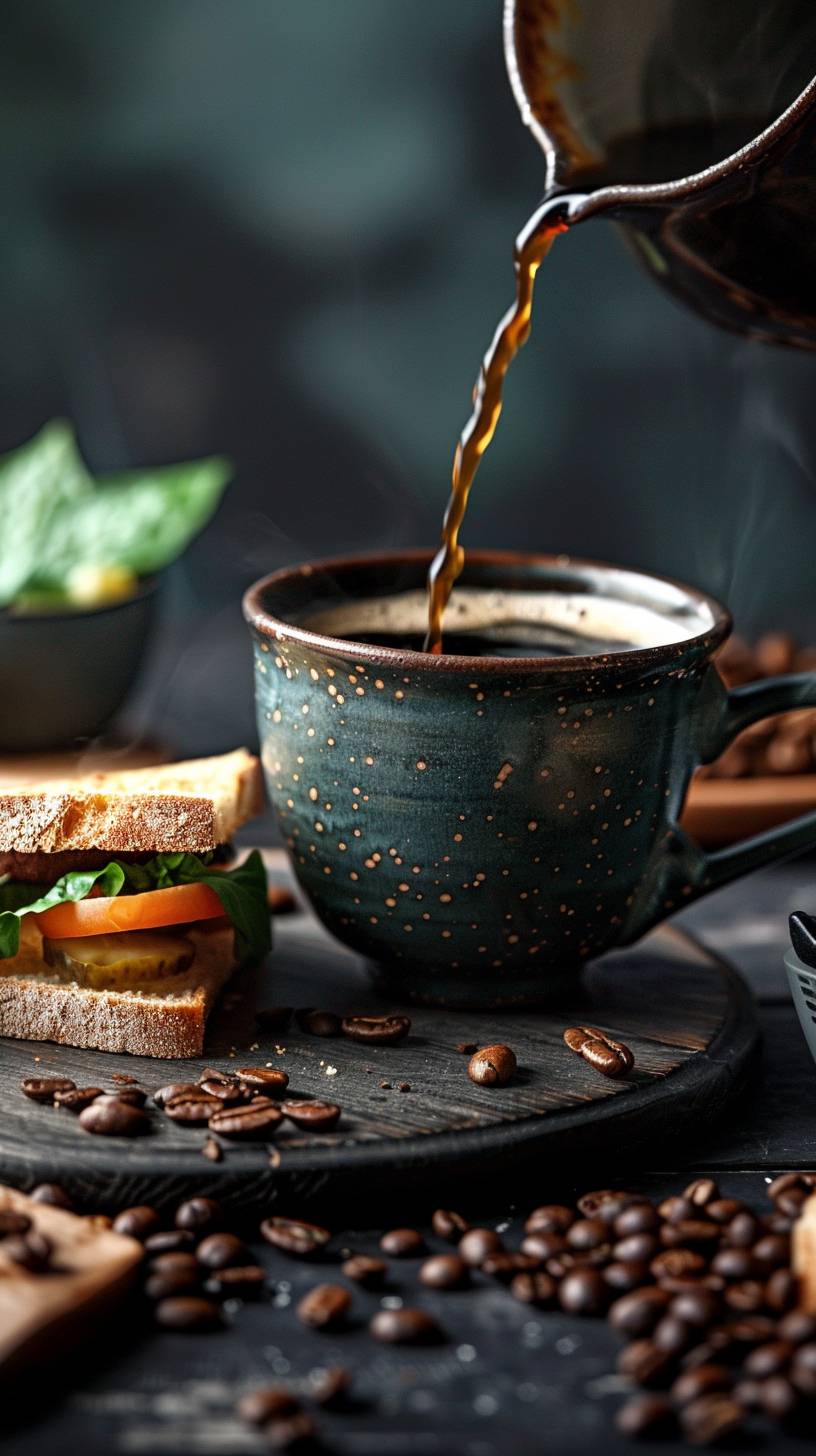 A mug of coffee being poured, surrounded by a few coffee beans and a tasty sandwich.