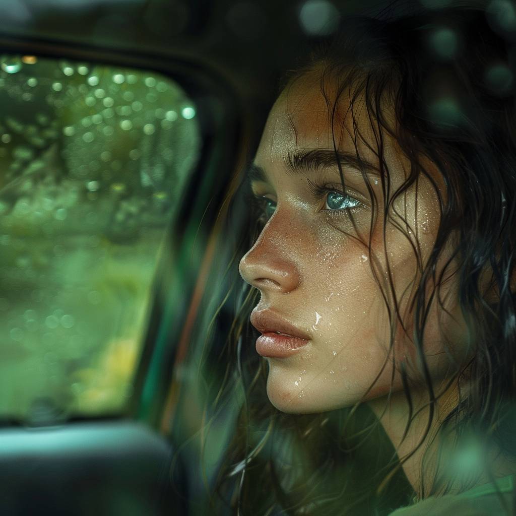 A close-up shot of a young woman driving a car, looking thoughtful, blurred green forest visible through the rainy car window.
