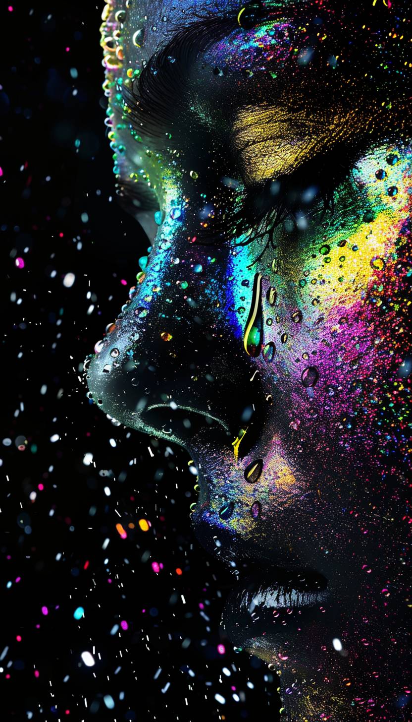 Droplets of [COLOR] creating an abstract geometric pattern of a woman's face, black-glittered background