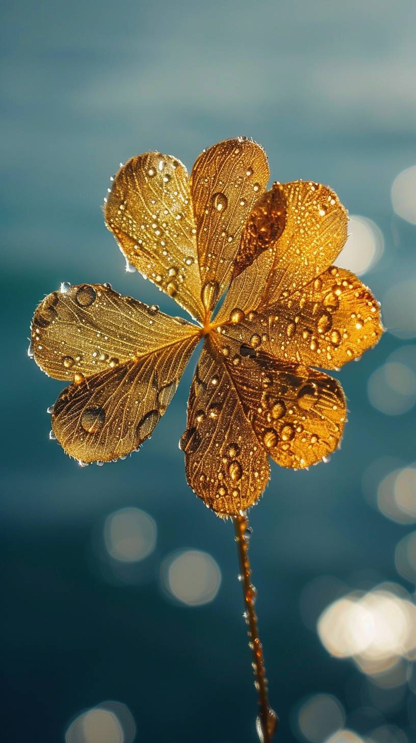 A golden four-leaf clover shimmering in the sunlight against the backdrop of the cerulean ocean