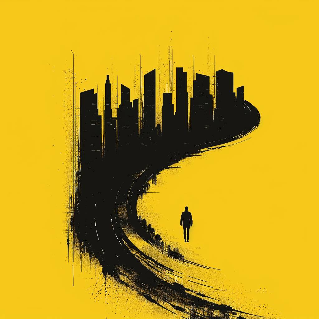 Create a minimalist image using a yellow background with black colors to depict an iconic scene from the movie 'Inception'. The scene shows a cityscape bending over itself, represented by black silhouettes of skyscrapers curving towards each other on a yellow background, capturing the surreal, dream-like quality of the film.