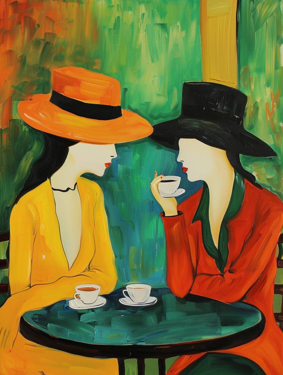 Make a realistic painting of two best friend women, one of whom is Irish, sitting at a table outside a coffee shop in Italy, in the style of Amedeo Modigliani, green and orange, yellow.