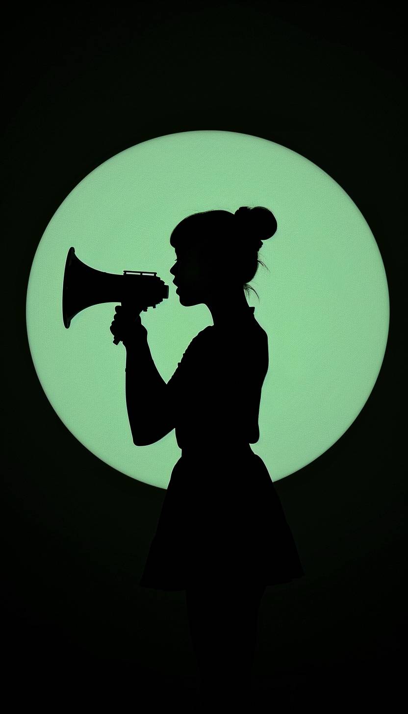 A minimalist black silhouette of a woman against a pure black background, in a side-view pose, holding a megaphone to her mouth. There are no facial features, only small clothing details are visible, creating a solid black shape. A large, glowing green circle floats behind the silhouette, providing the only contrast and light in the image. The composition is stark and dramatic, with clean lines and a strong graphic quality.