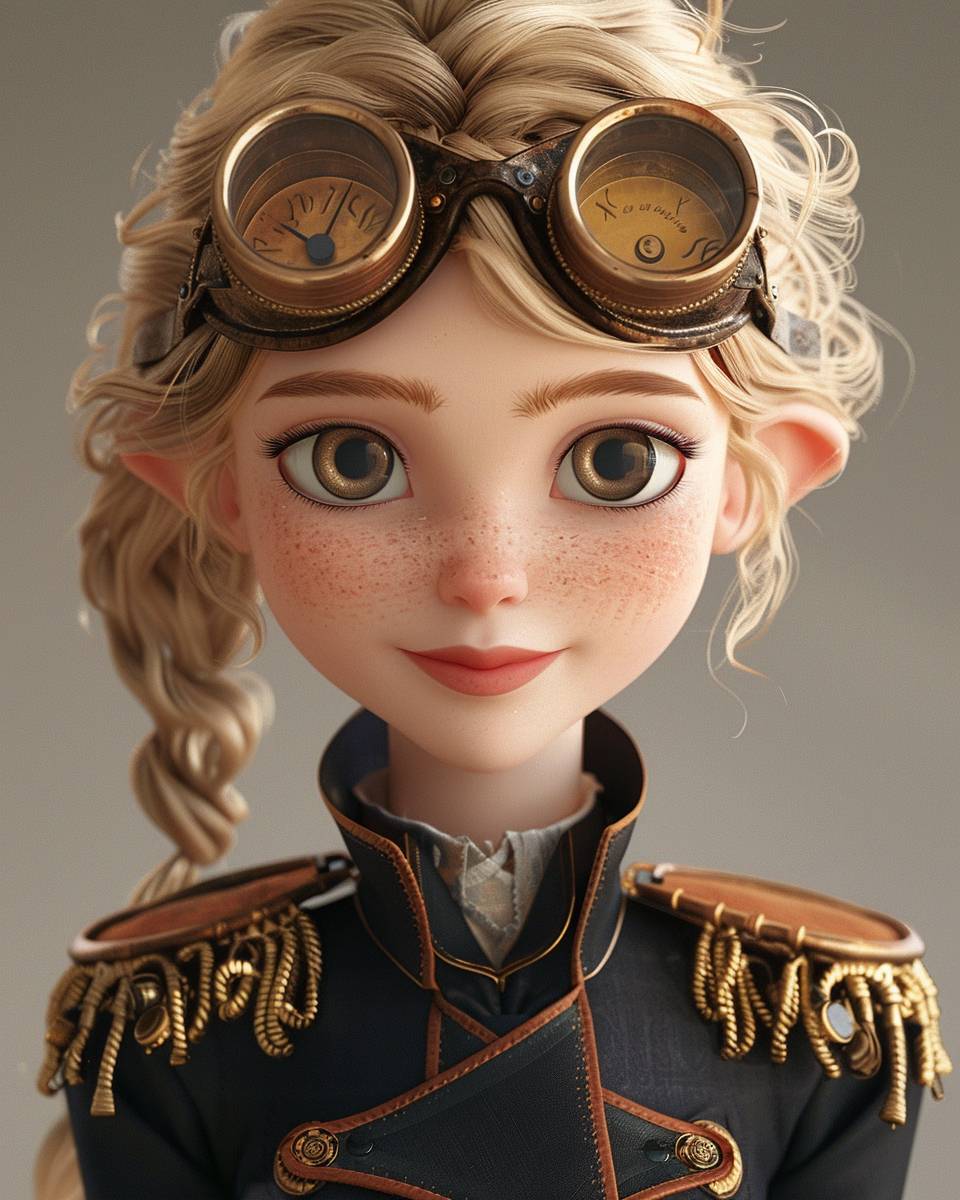 3D cartoon animation of a young happy female blonde wizard wearing steampunk goggles, in the style of Disney character design