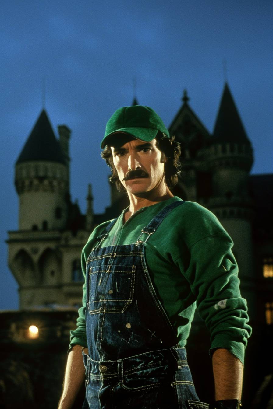 1987年のダークファンタジー映画『ダークソウルズ』のDVDスクリーンショット。城の前に立つ褐色髪の男性のシーン。緑色の長袖シャツに濃紺のデニムサロペットを着ています。緑色の帽子も被っており、髭も生やしています。夜の場面です。