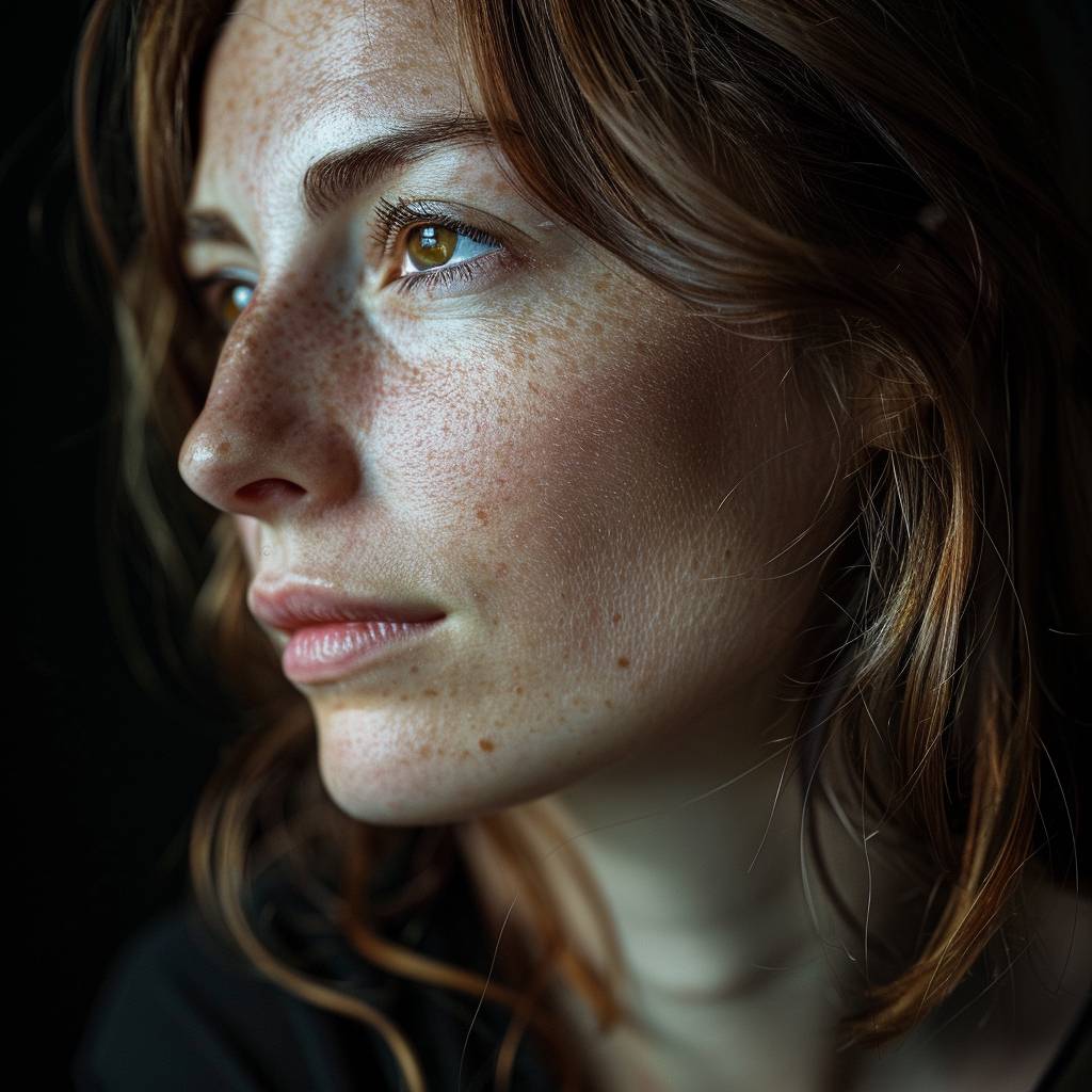 A close up portrait of a woman lit by the side, the camera pulls back. 6.0