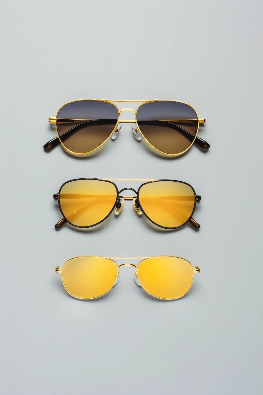 A photo of 3 different styles of sunglasses with yellow tinted lenses on a plain grey background