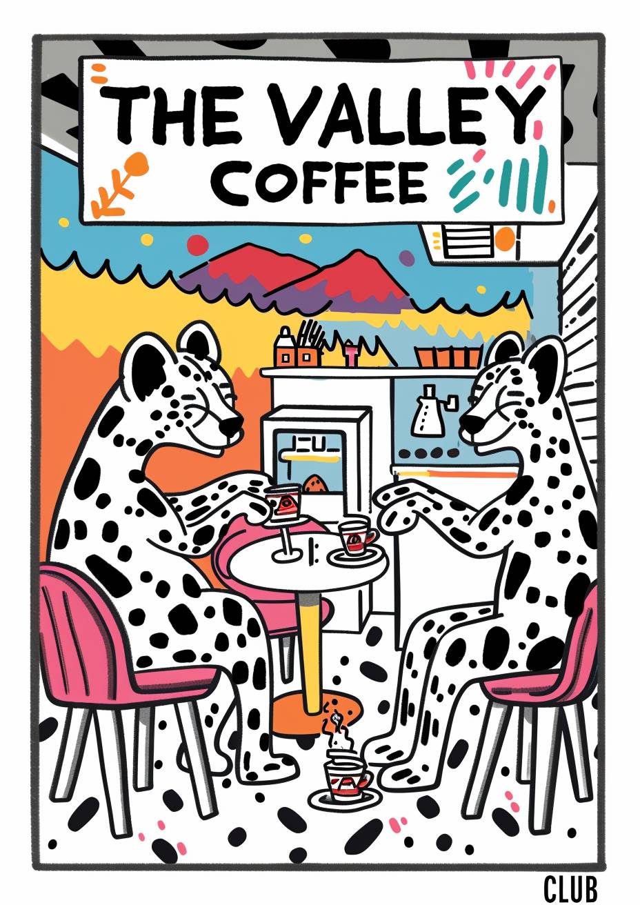 キース・ヘリング風のスタイルで、ハイエナがコーヒーを飲んでいるシンプルな絵があります。黒と白の色調に明るい色が施され、絵の上には「バレーコーヒークラブ」と書かれています。