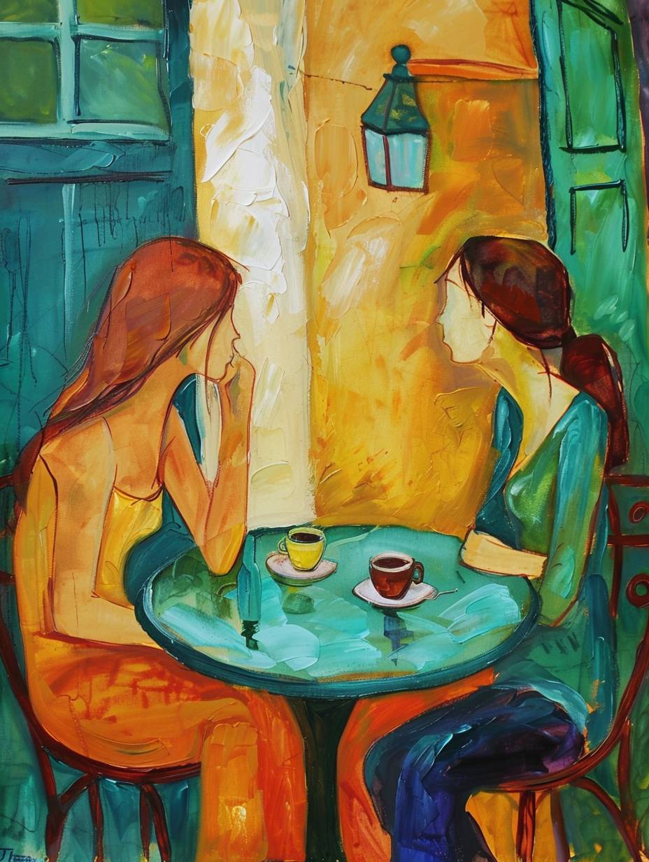 Make a realistic painting of two best friend women, one of whom is Irish, sitting at a table outside a coffee shop in Italy, in the style of Amedeo Modigliani, green and orange, yellow.