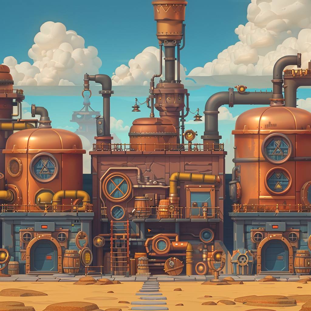 Brawl Stars scenario | a steampunk factory | 2.5D style | mobile videogame graphics