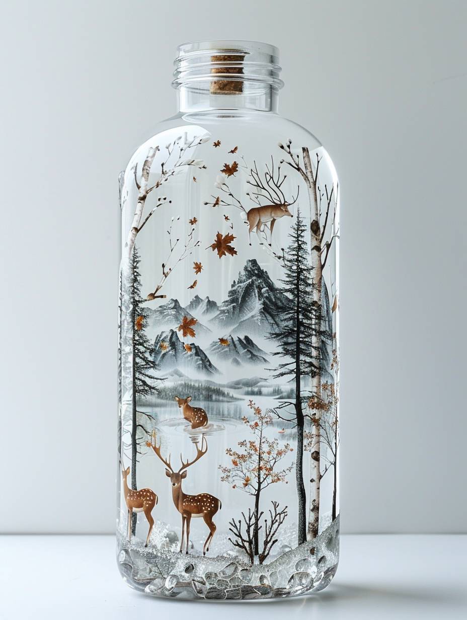 白い透明ガラス製の水筒には白樺の木、雪をかぶった山、シカが印刷されています。水筒は白いシーンに置かれています。製品写真スタイル、超高精細品質