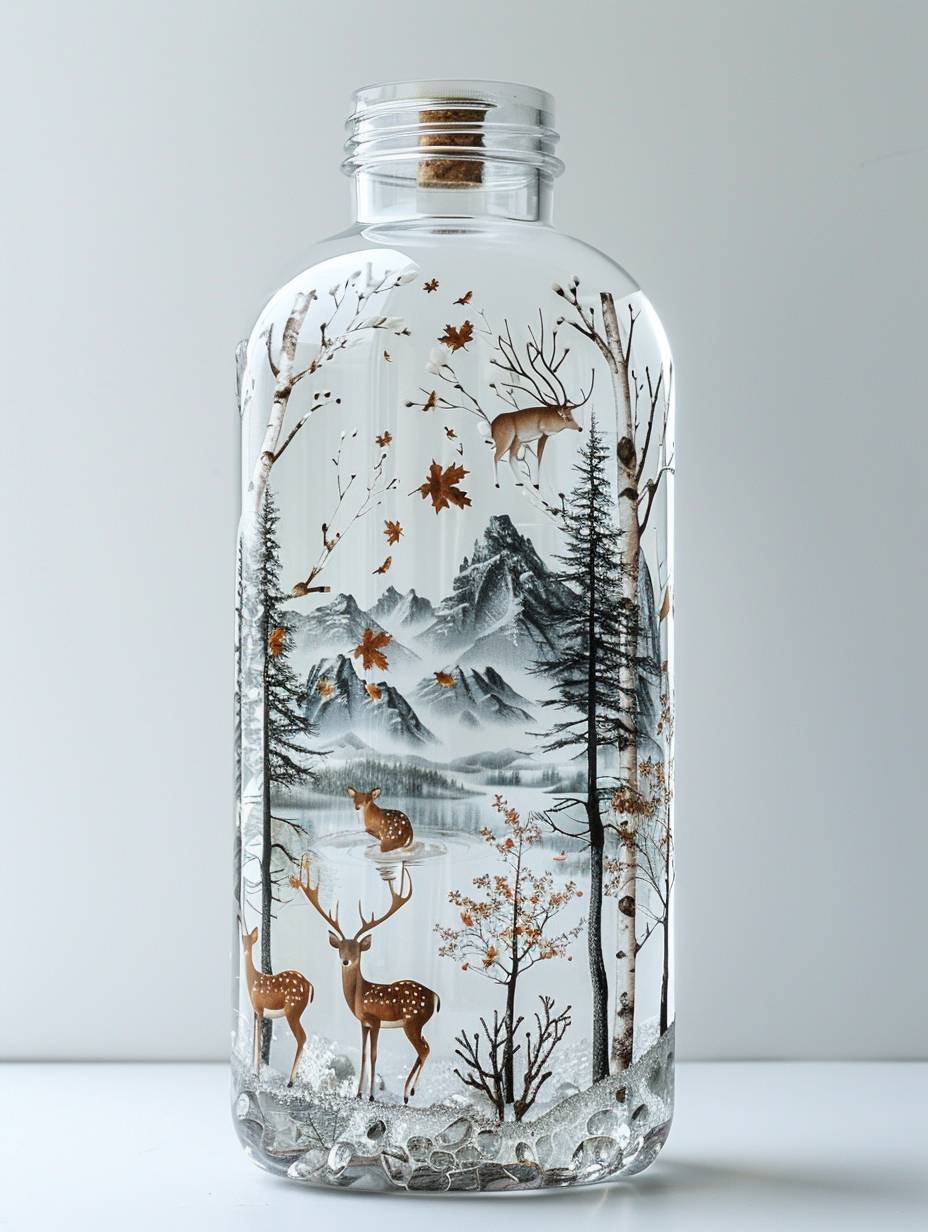 A white transparent glass water bottle with birch trees, snow-capped mountains and sika deer printed on the bottle. The water bottle is placed on a white scene. Product photography style, ultra-high-definition quality