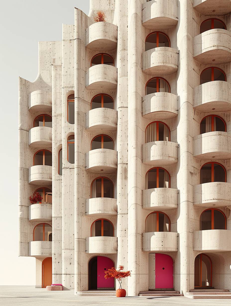 A brutalist-style apartment building designed by a renowned architect such as Le Corbusier or Paul Rudolph, featuring rows of identical triangular balconies protruding from the facade and facing the street. One side of each balcony is open to the outdoors, creating a striking geometric pattern . The building's imposing concrete structure exhibits the raw, monolithic forms, exposed materials, and bold geometric shapes characteristic of brutalist architecture. The balconies cast dramatic shadows onto the building's surface, adding depth and texture. The perspective shows the entire building in full view from the street level, allowing the viewer to appreciate the brutalist design's massive scale and imposing presence. Render in a photorealistic style with gritty textures, sharp lines, and strong contrasts of light and shadow.