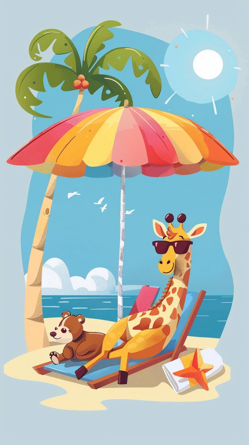カートゥーンスタイル、色とりどりの傘の下でビーチチェアに寝そべるキリン、サングラスをかけた熊が隣にタオルに横たわっている、晴れた日、空は快晴、ミニマリスティックな背景