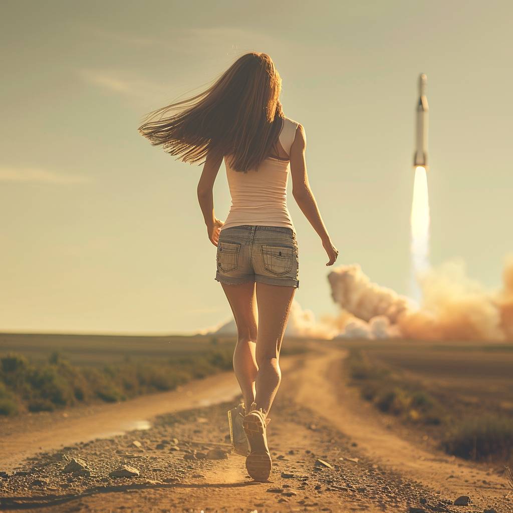 遠くでロケットを見ながら走る女性の肩越しのショット。