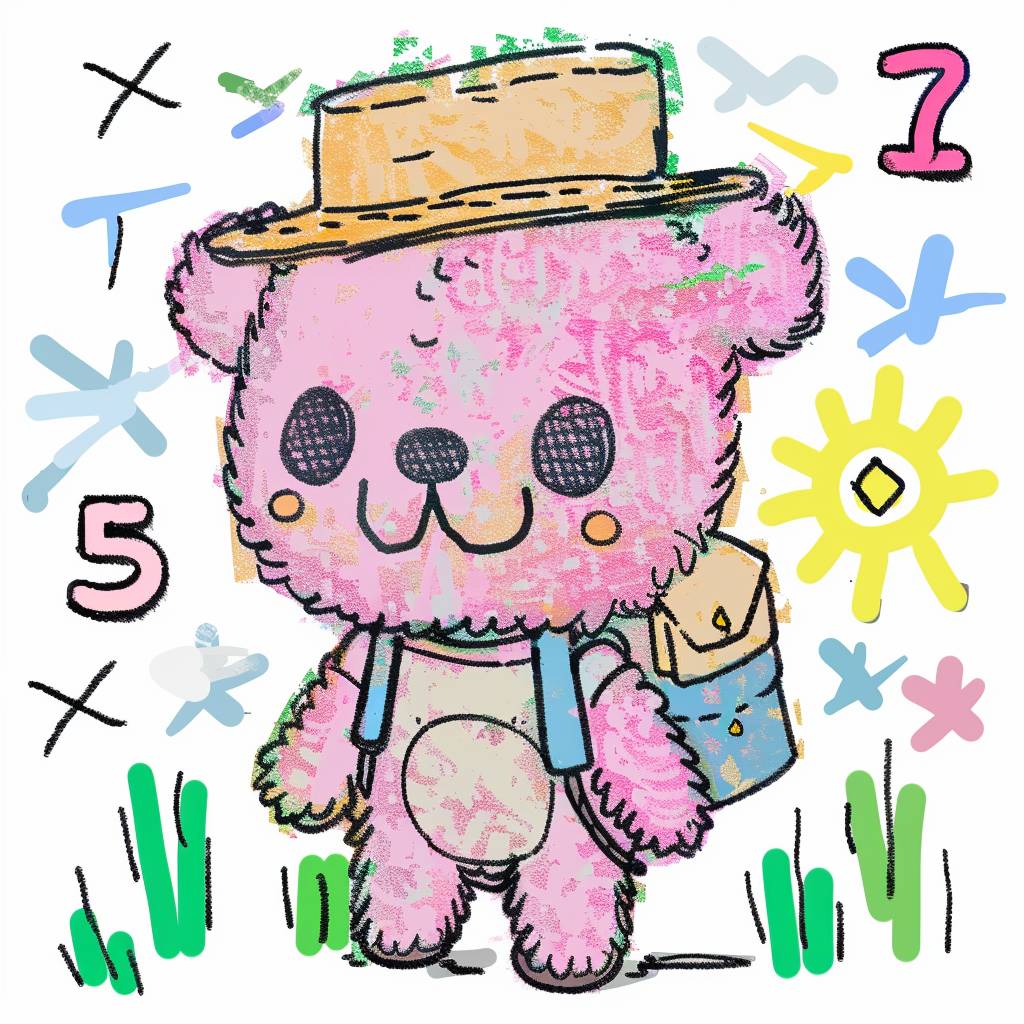 Create an illustration featuring a cute teddy bear, white background, typography, with a bag and a sun hat on the bear's back, in a cartoon style
