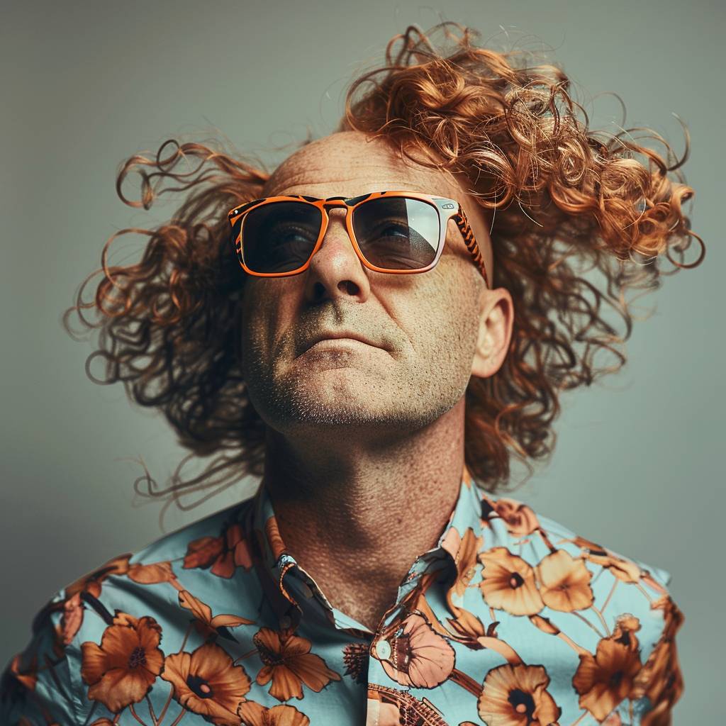 A middle-aged sad bald man becomes happy as a wig of curly hair and sunglasses fall suddenly on his head.