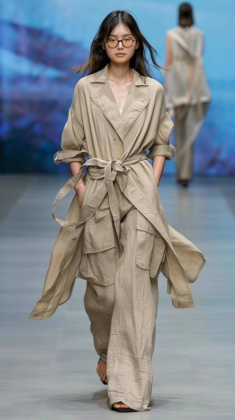 A model walks the runway in an oversized beige linen trench coat with short sleeves and wide pants, which is tied at her waist with two straps on both sides of her chest. The background color scheme includes blue tones, and she wears glasses. In fashion design, full body photography.