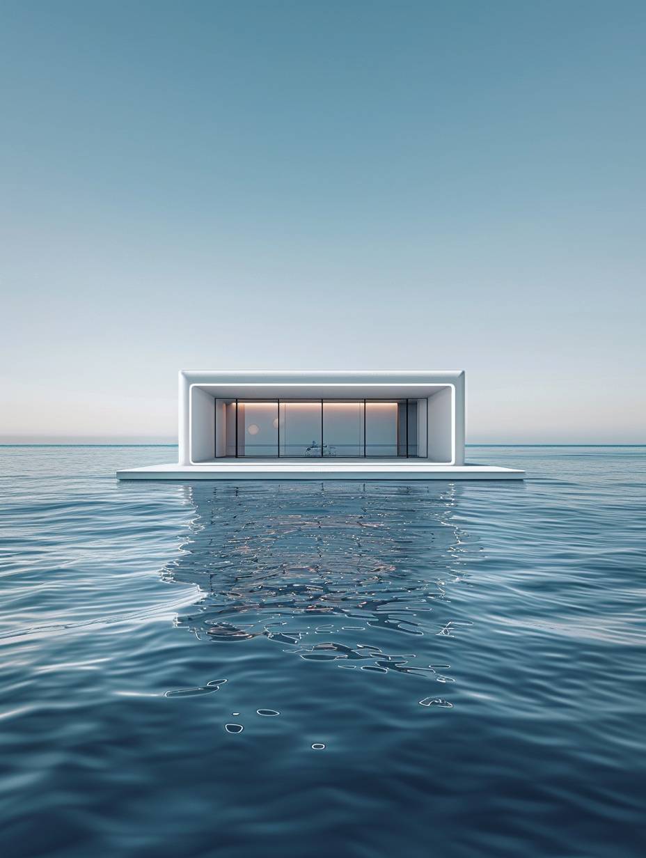 A modern, inflatable store floating on the ocean, minimalist style, captured in bright daylight. The ocean is calm with gentle waves, and the sky is clear. The store features sleek, clean lines and a simple design. Created Using: high-resolution camera, natural daylight, soft lighting, minimalism, modern design, tranquil atmosphere, hd quality, natural look
