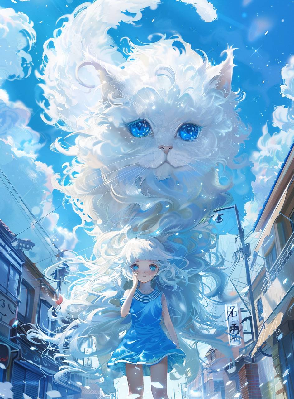 青い目を持つ可愛い白い猫、デニムワンピースを着ていて、長い巻き毛の女の子の友達の頭に手を置いています。日本のアニメスタイルで、バックグラウンドは明るい空の下の街の通り、カラフルで高解像度、高詳細、デジタルアート、ファンタジー、かわいい、可愛い、アニメスタイル、鮮やかな色彩、夢のような雰囲気、水彩画、ポスターデザイン。白い毛色、首の周りに青い襟。背景はクリアな青空で、フワフワした白い雲が浮かんでいます。小さな星がダイヤモンドのようにキラキラ輝いています