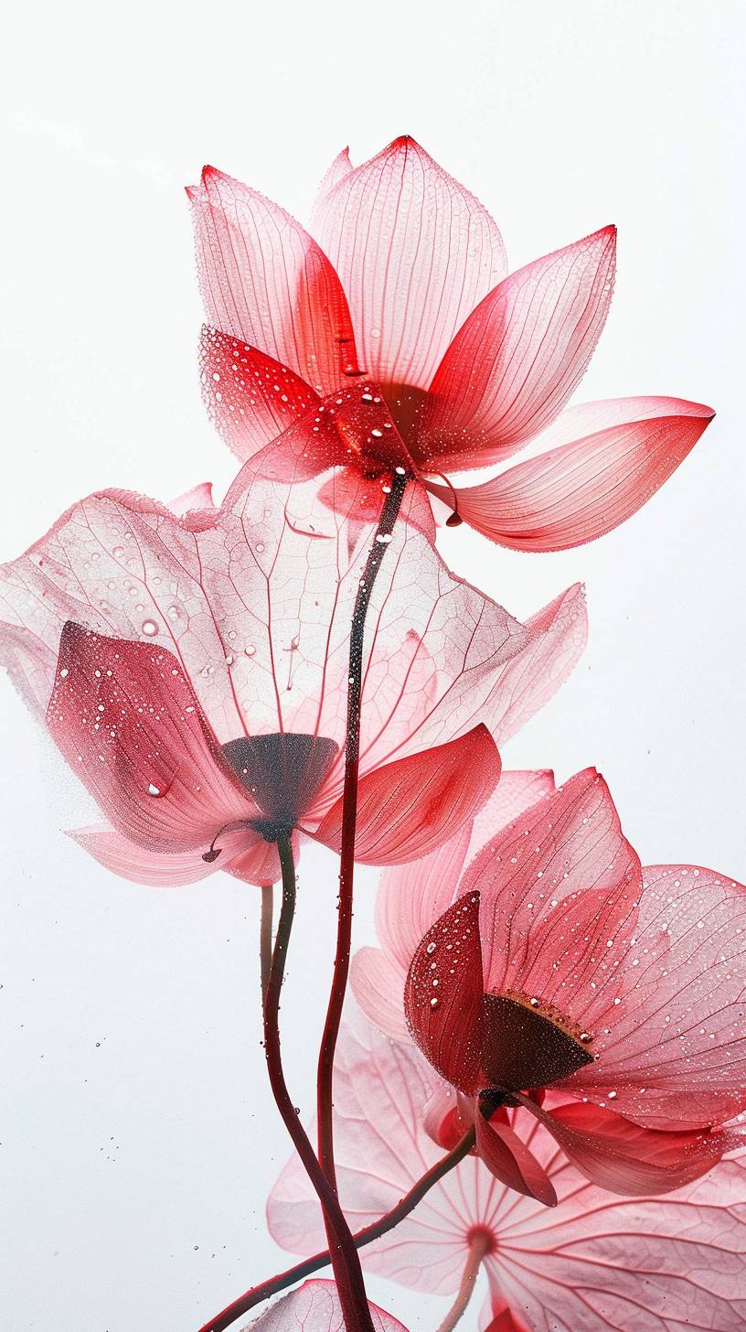 クローズアップX線、透明なミニマリスト、水滴がいっぱいのシンプルな白い背景、蓮の花と蓮の葉、曇りガラスが覆われ、複数露光、マクロフォトグラフィー、柔らかい赤、William Fang撮影、Hasselblad X2Dで撮影