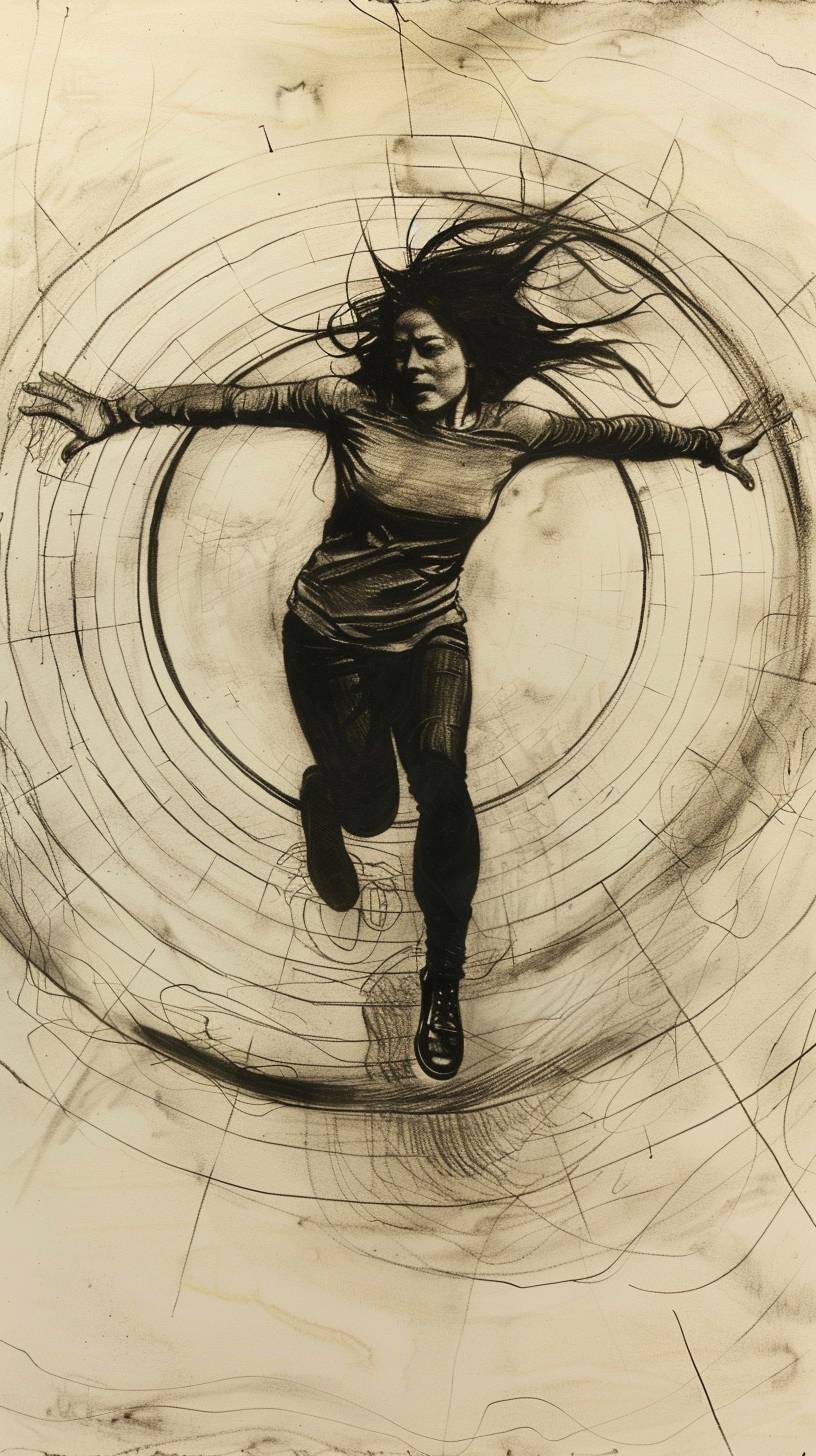 A drawing of a woman flying in a circular tunnel