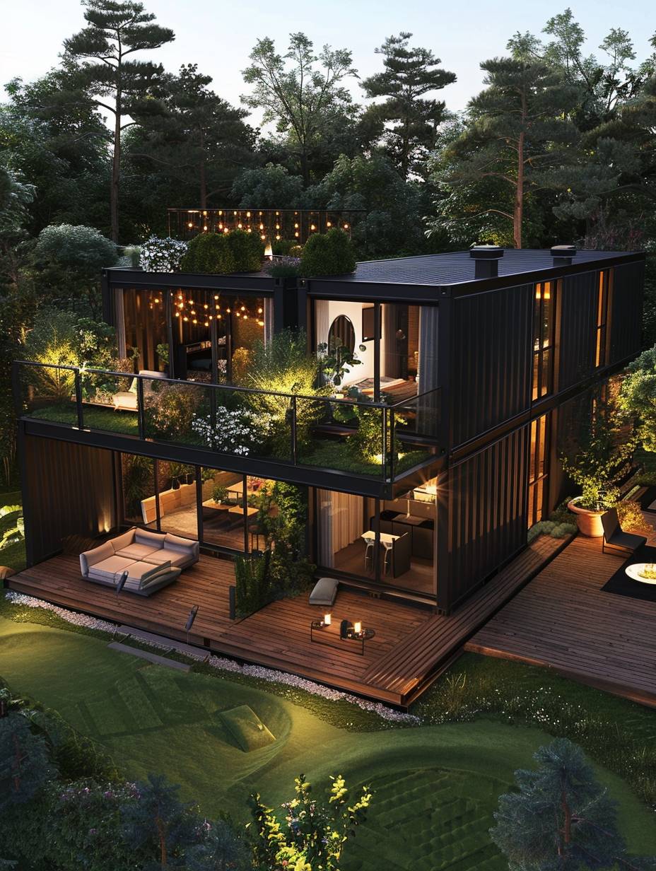 A modern two-storey black container house with an open balcony terrace on the side, surrounded by green grass and trees. The first floor features wooden floors and outdoor furniture for relaxation. In front is an area decorated to look like a golf course. The presentation of reality. Bird's eye view from above.