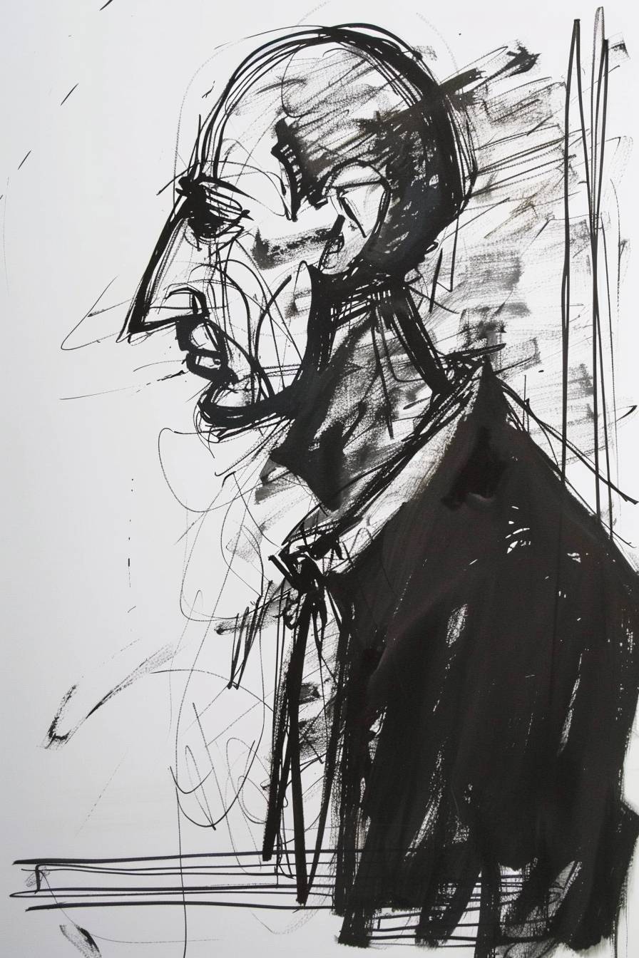 In the style of Max Beckmann, character, ink art, side view