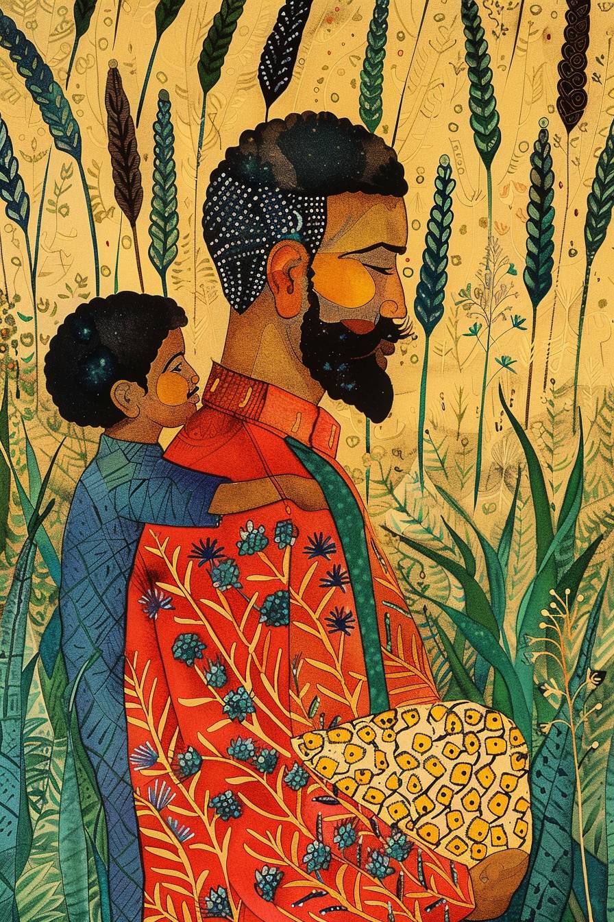 Gond art of Indian village man with his child in fields, watercolor