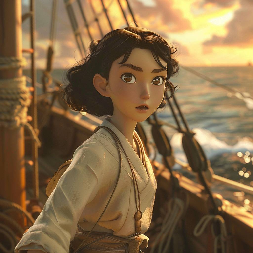 若い女性が船の上に立ってカメラを振り返る日本のアニメ映画。