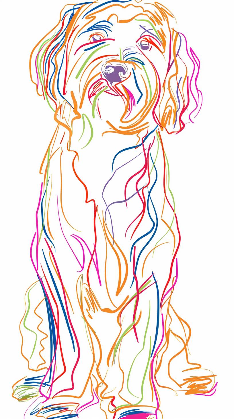 A drawing of a Goldendoodle dog showing the full body, in one-line drawing, figure outline only, single line, simple, in the style of one-line, single line drawing, black line on white background, colorful, no background, clean lines, minimalistic, simple, Picasso one line drawing war and peace style