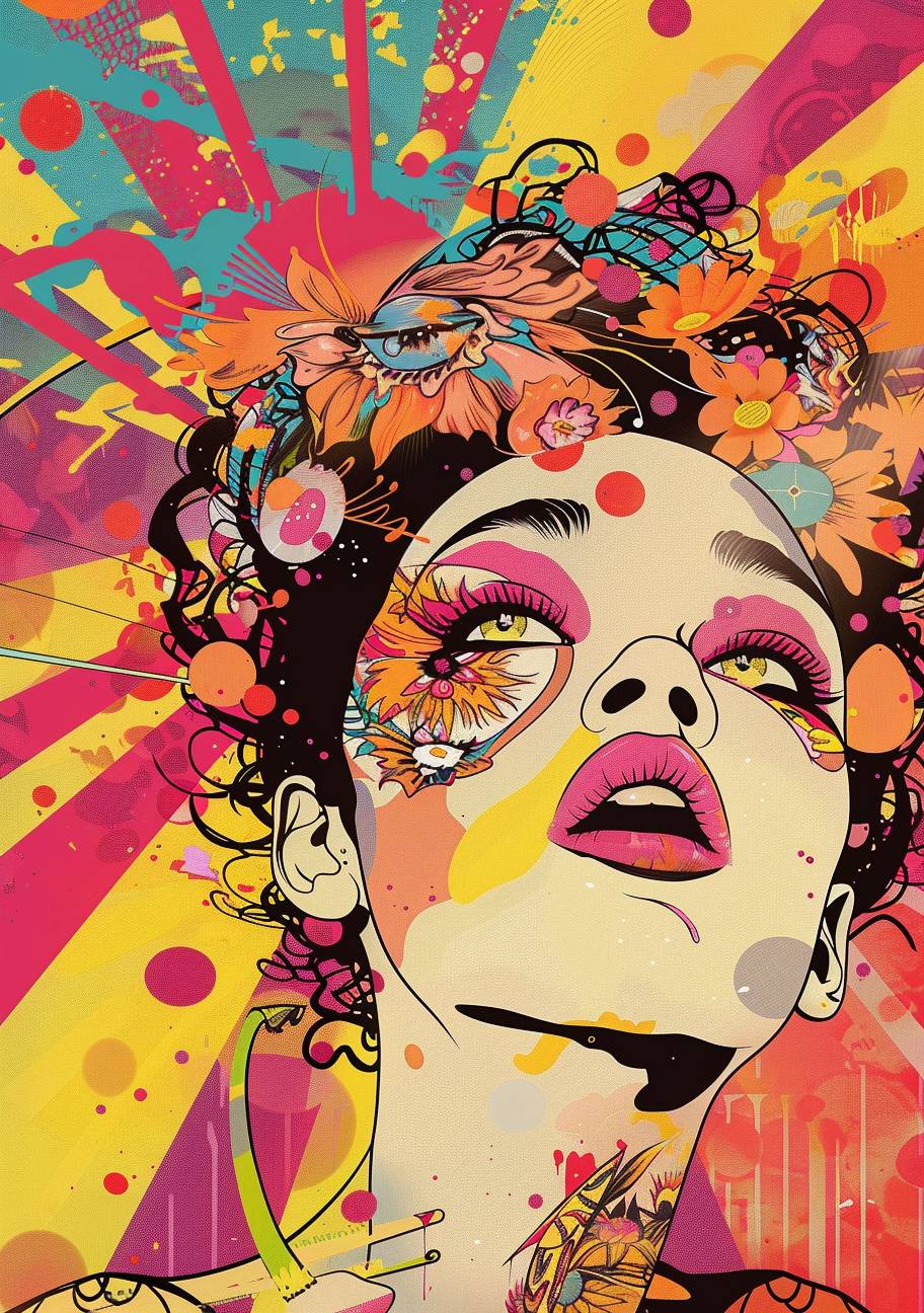 Explosion artist cover, in the style of feminine pop art, unapologetic grit, concert poster, exotic, playful expressions, hyper-detailed illustrations, erudite