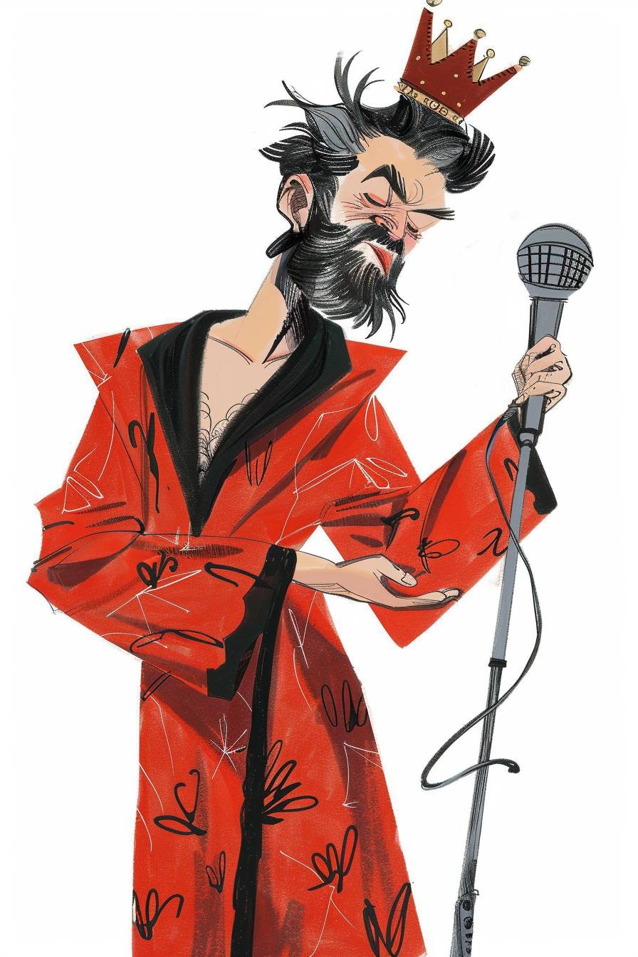 Illustration of a king with a crown on his head, with a stylish beard in a red bathrobe, holding a retro microphone, white background by Ann Telnaes