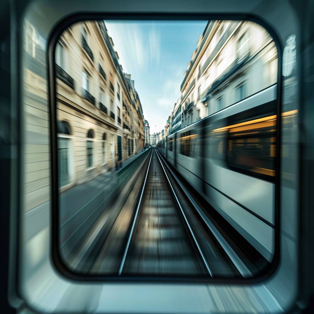 Internal window of a train moving at hyper-speed in an old European city.