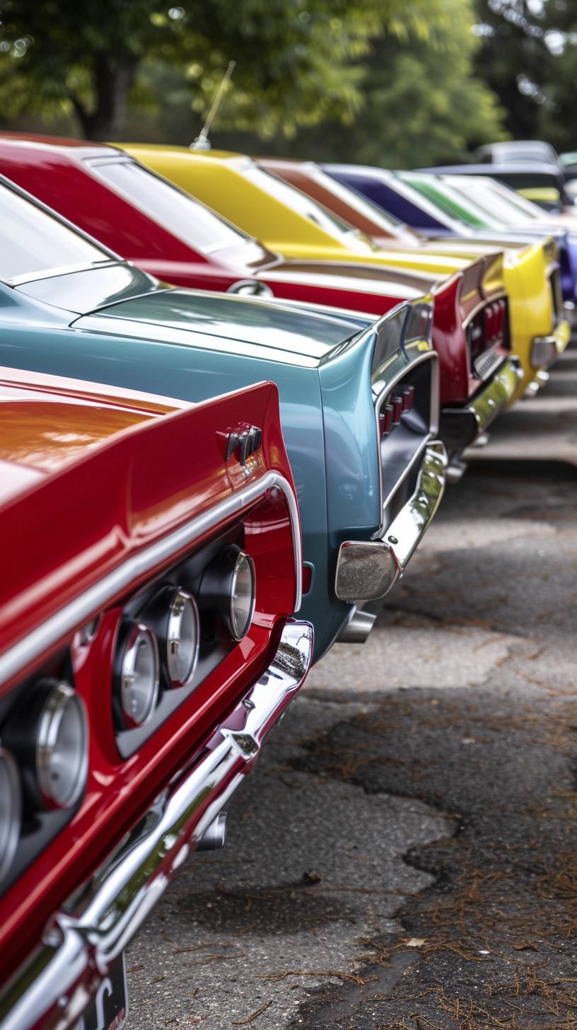 A long row of 1960's and 1970's muscle cars of all different types and designs and colors