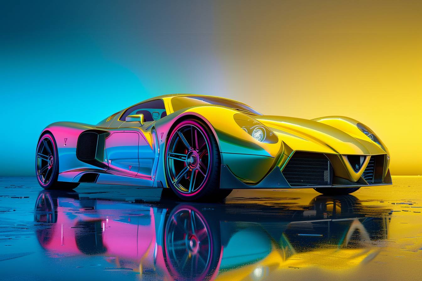 Futuristic luxury sports car, paint color on car a gradient that shifts from bright yellow to pale blue, automotive studio shoot, medium format film photograph