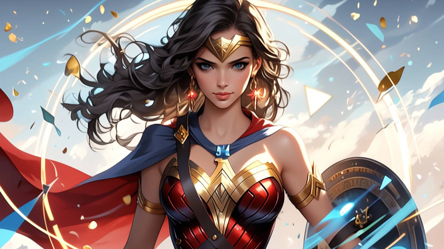 Wonder Woman, in the style of bold and graphic compositions, mosaic-like collages, pop culture mashup, multiple screens, light red and light bronze, Magali Villeneuve, macro zoom, outlandish energy, contemporary frescoes, chaotic academia, digital as manual