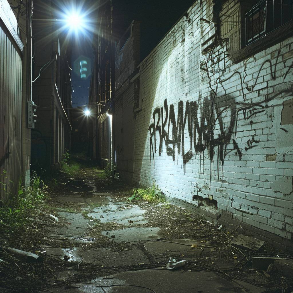 Handheld camera moving fast, flashlight light, in a white old wall in an old alley at night with black graffiti that spells ‘Runway’.