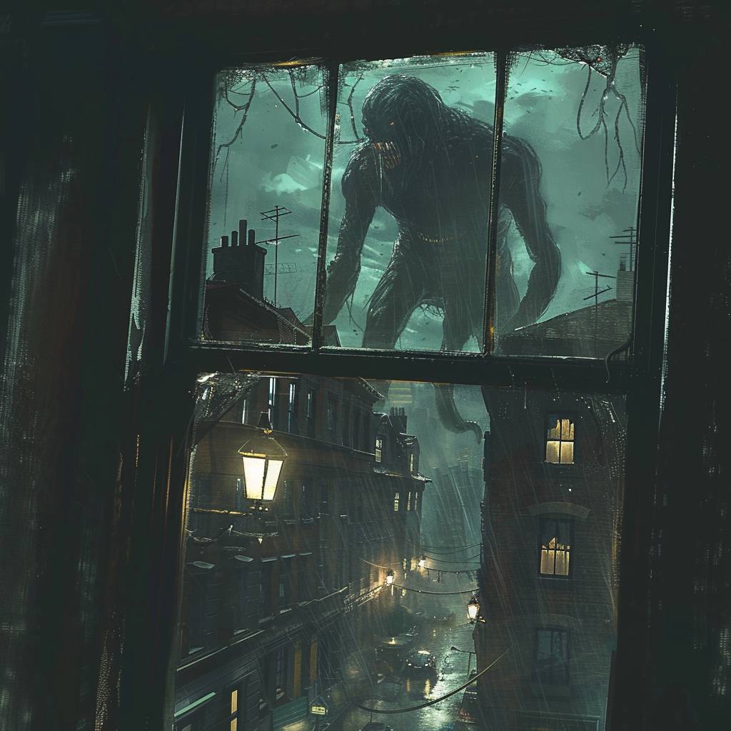 View out a window of a giant strange creature walking in a rundown city at night, one single street lamp dimly lighting the area.