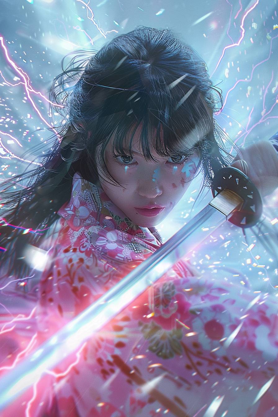 2020s Anime screenshot, Anime character SAMURAI Girl, closed up eye, Low angle, lightning slash, Japanese sword, slashing lightning motion blur, swirling around the sword, action scene, floating, fish eye Lens, (Jump | Running | Inversion | Spin)
