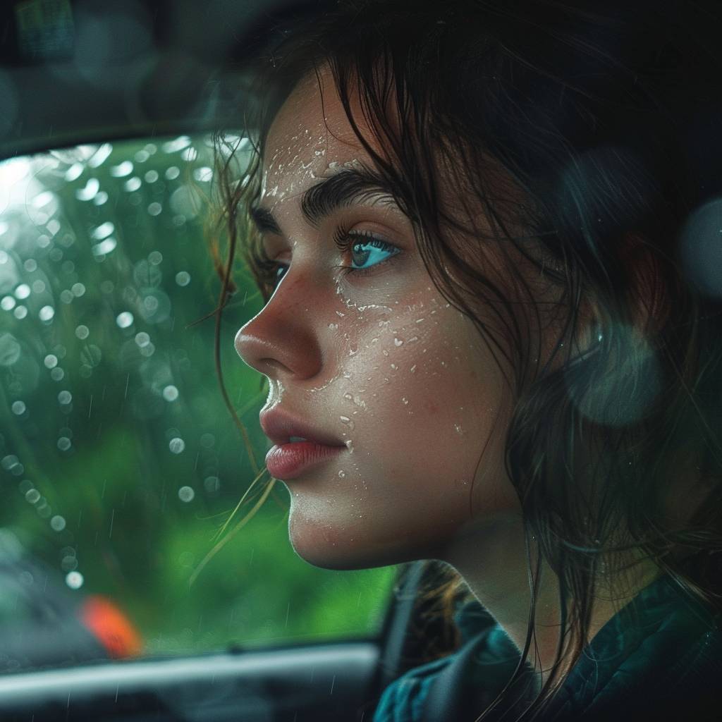 車を運転する若い女性のアップショット、考え深い表情、雨の降った車窓越しにぼんやりとした緑の森が見える。