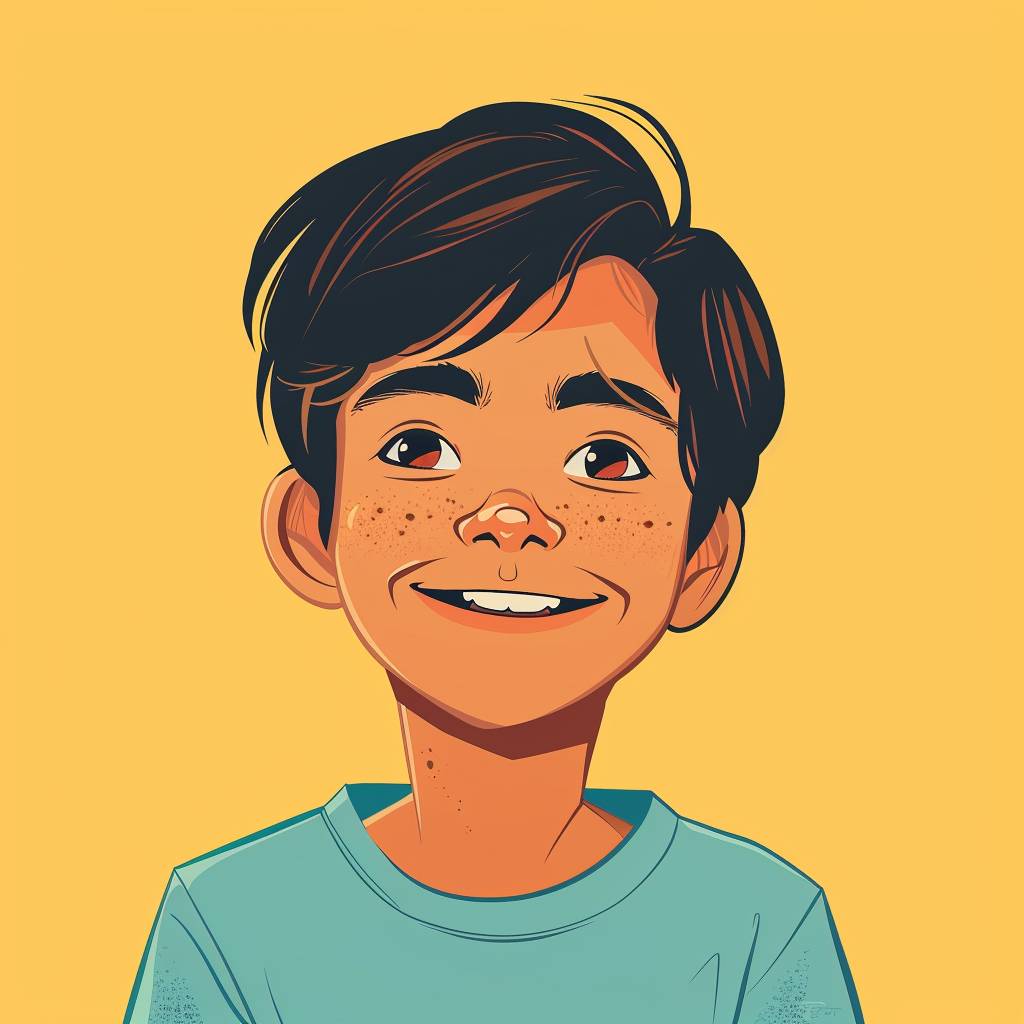 A portrait of a smiling kid looking directly at the camera, in the art style of Raina Telgemeier. Bright, cheerful expression, clean lines, vibrant colors. Simple background, cartoon style, detailed facial features, flat design.