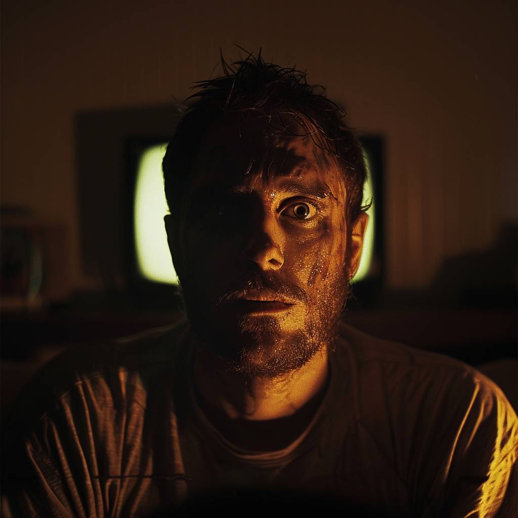 A cinematic wide portrait of a man with his face lit by the glow of a TV.