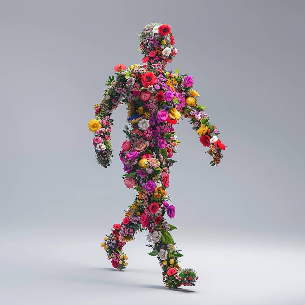 花つぼみだけでできた[主題]の3D彫刻、カラフルな花々が身体を飾り、リアルな花の質感、鮮やかな色彩、高いディテール、ソリッドな背景。